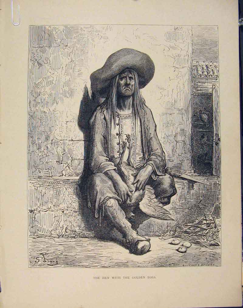 Original Old Antique Print Aesop Fable Xcv Hen Gen Eggs C1868 Art 19th