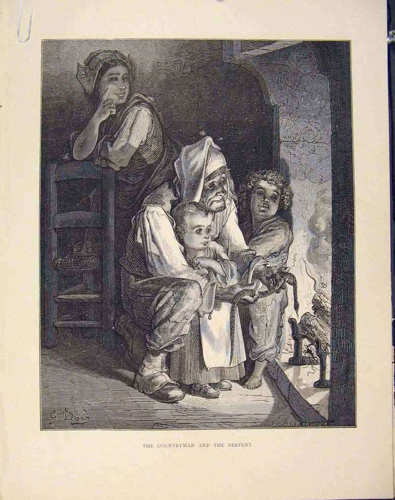 Original Old Antique Print Countryman Serpent Aesop Fable Cxiii 1868 Victorian