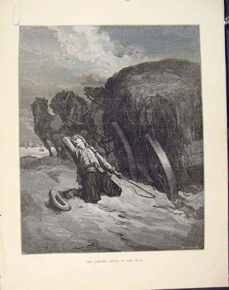 Original Old Antique Print Cater Stuck Mud Aesop Fable C1868 Cxviii Victorian