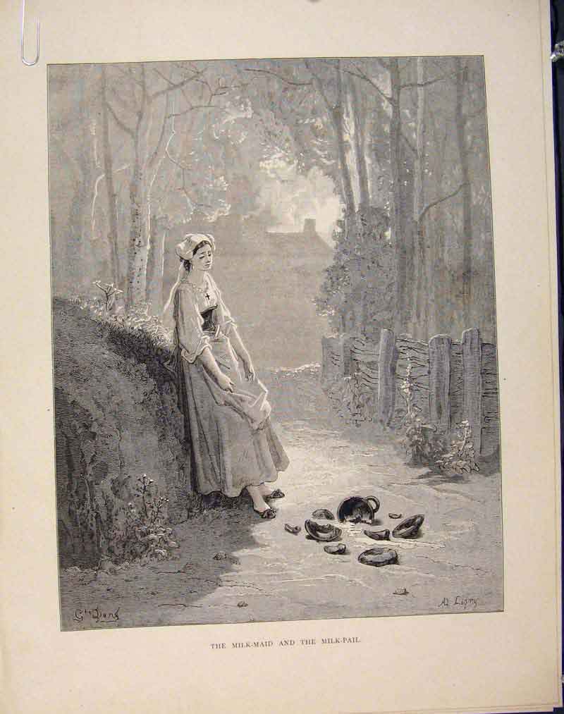 Original Old Antique Print Aesop Fable Cxxxii Milk Maid Pail C1868 Victorian