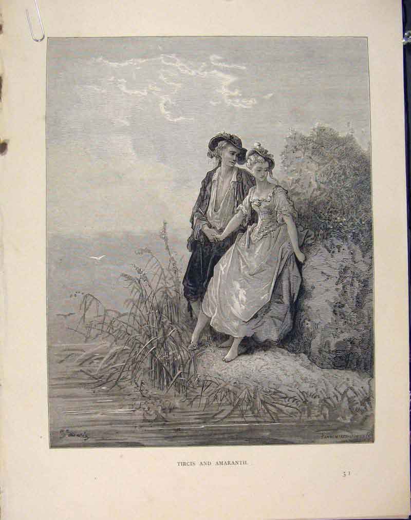 Original Old Antique Print Tircis Amaranth Aesop Fable Cli C1868 Art Victorian