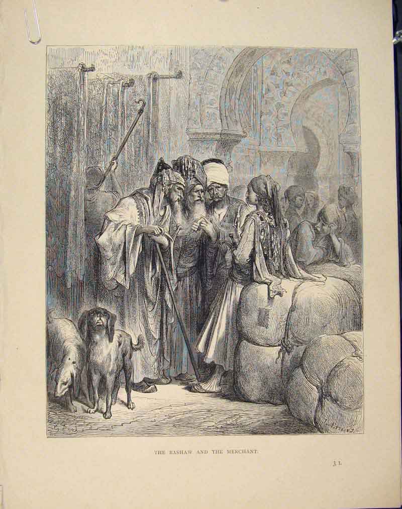 Original Old Antique Print C1868 Aesop Fable Clviii Bashaw Merchant Victorian