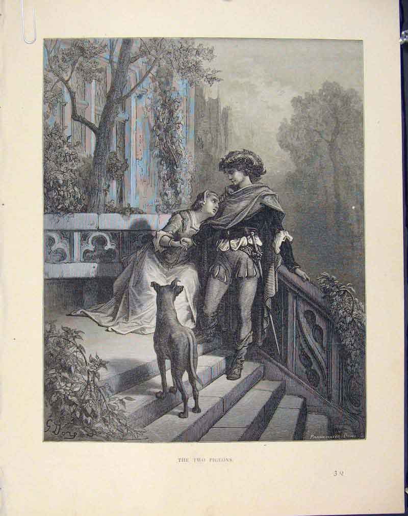 Original Old Antique Print Two Pigeons Aesop Fable Clxvii C1868 Story Victorian