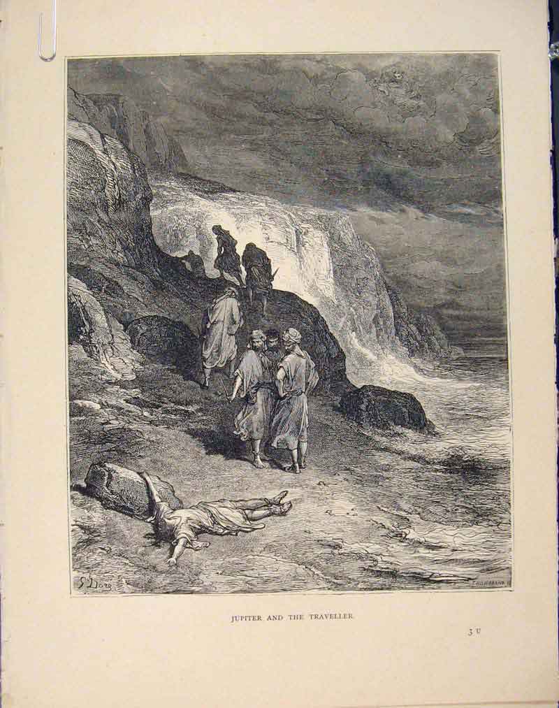 Original Old Antique Print Aesop Fable Clxxiv Jpiter Traveller C1868 Art 19th