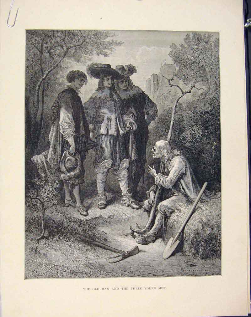 Original Old Antique Print Man Three Young Men Aesop Fable Ccvii Art