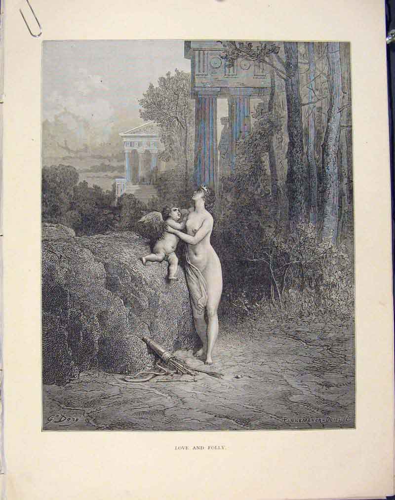 Original Old Antique Print Aesop Fable Ccxxii Love Folly 1868 Story Art 19th