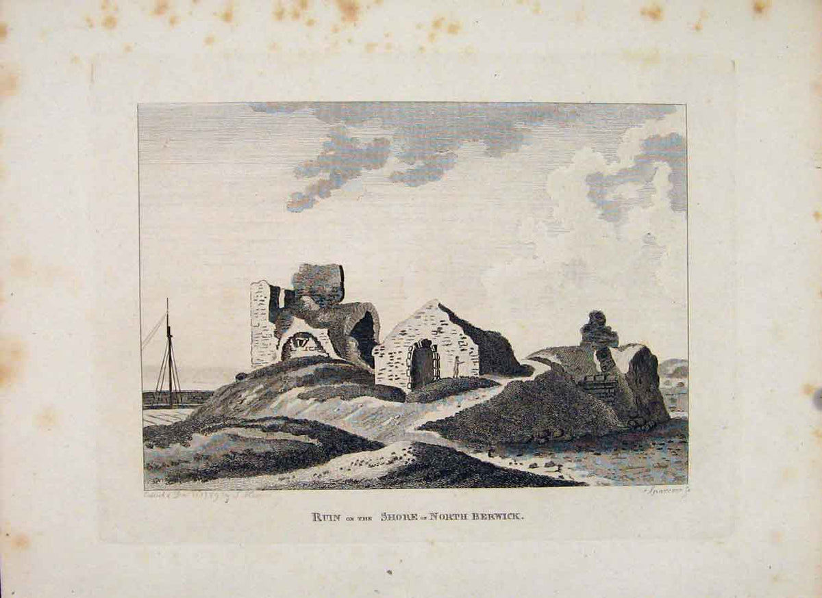 Original Old Antique Print Berwick Haddintonshire Ruin Shore C1797 18th Century