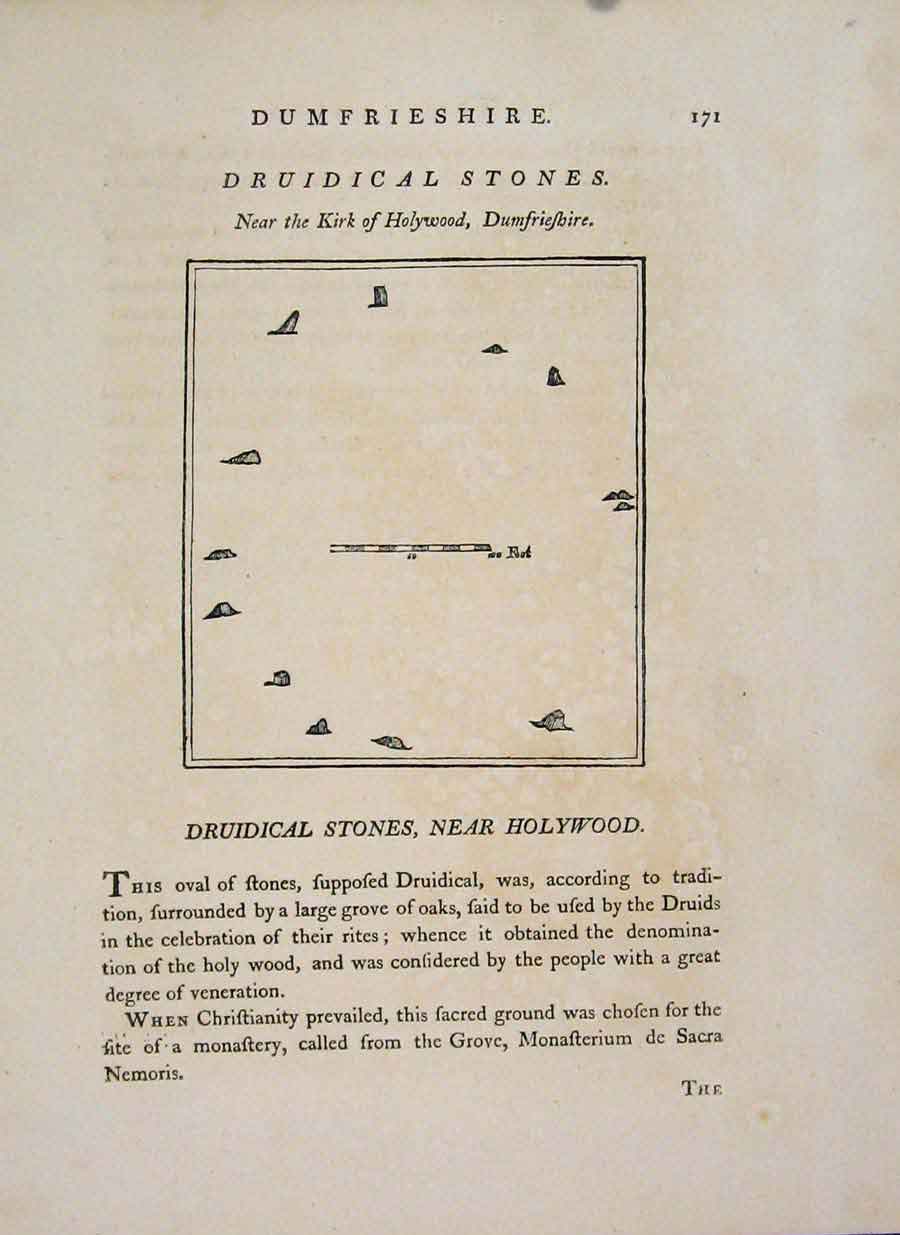 Original Old Antique Print Dumfries Druidical Stones Holywood 1797 18th Century