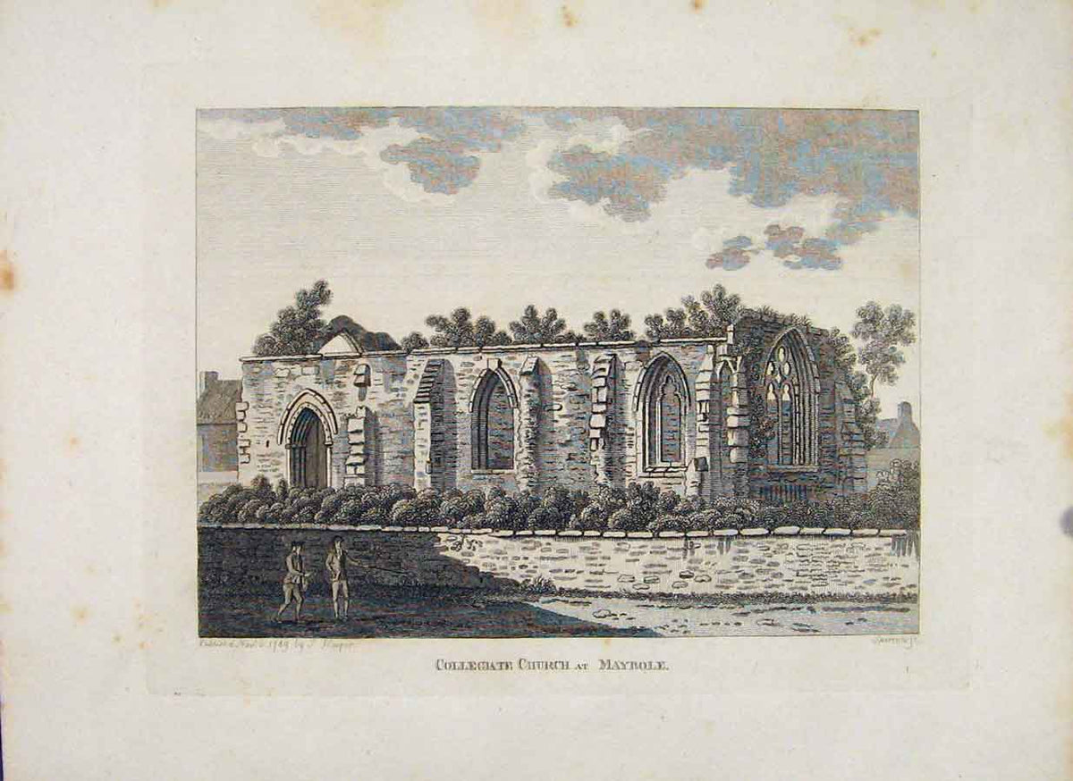 Original Old Antique Print Maybole Minnibal Collegiate Church Ayrshire