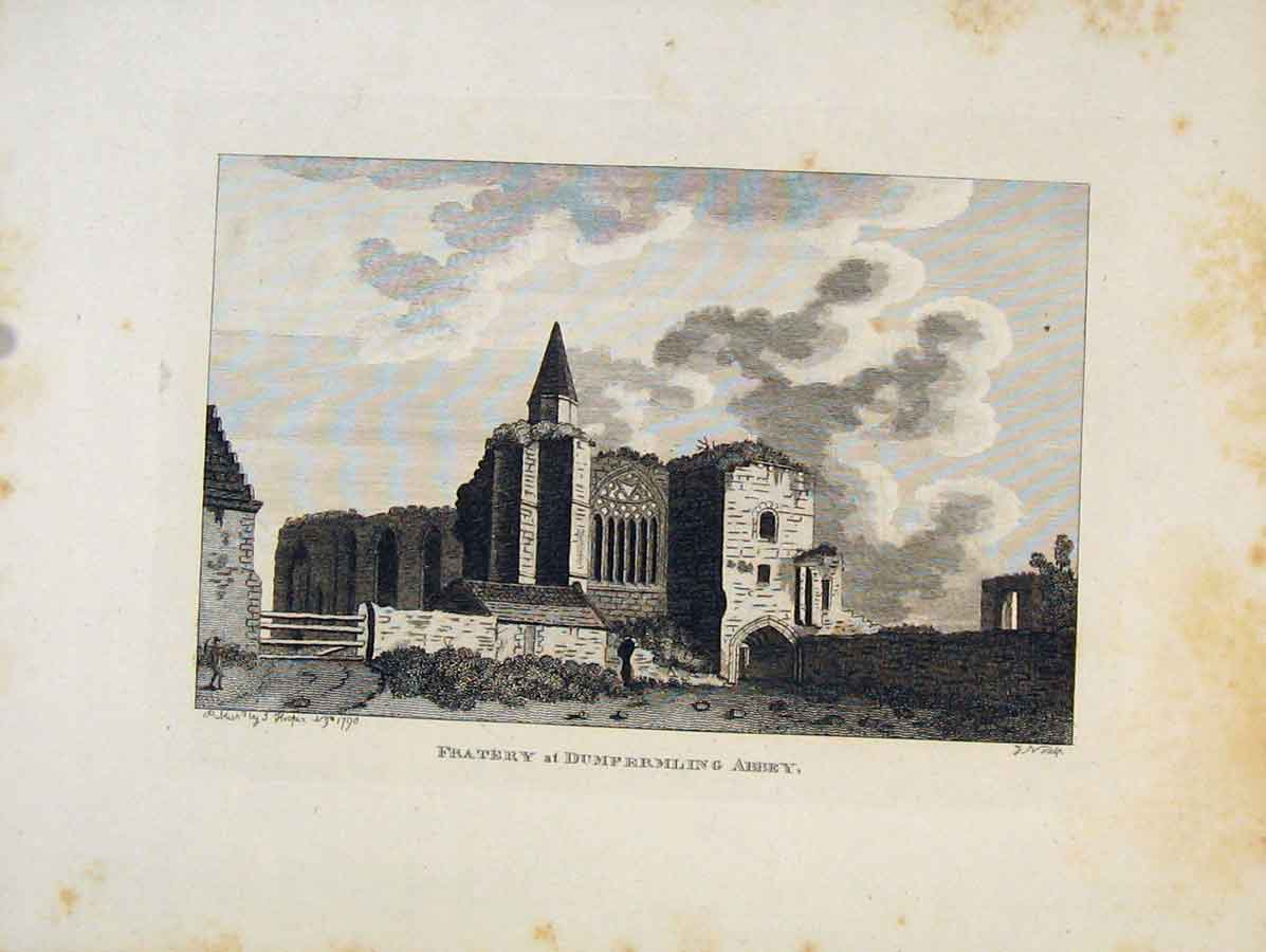 Original Old Antique Print Frahery Dumfermilin Abbey Fifeshire C1797 18th