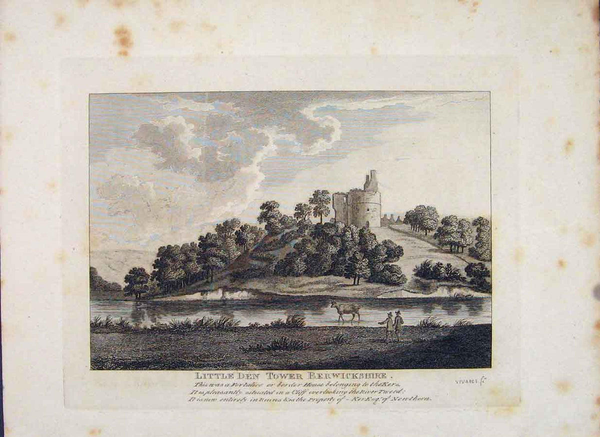 Original Old Antique Print Berwickhshire Little Den Tower House