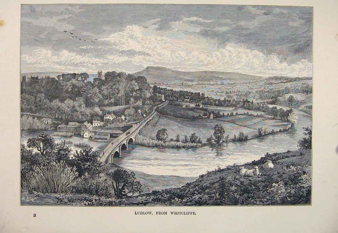 Original Old Antique Print Ludlow Whitcliffe England C1878 Fine Art Victorian