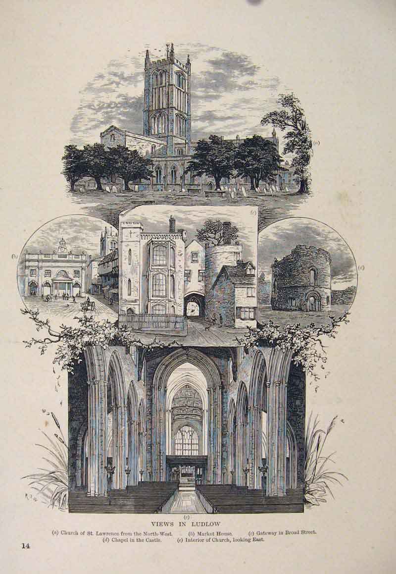 Original Old Antique Print Ludlow Church St Lawrence Market House Gateway C1878