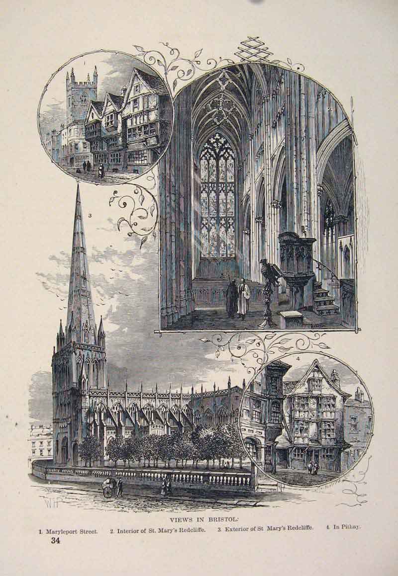 Original Old Antique Print Bristol Views Maryleport Street St Mary Redcilffe
