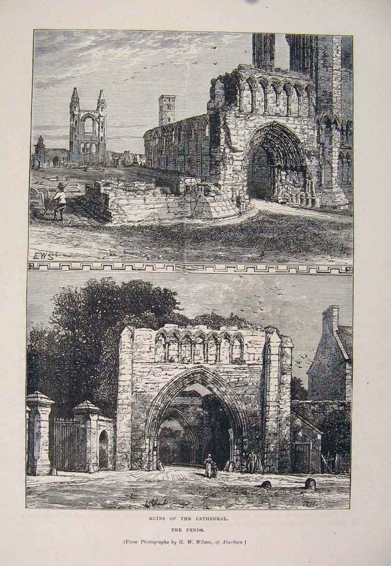 Original Old Antique Print Ruins Cathedral Pends Fine Art C1878 19th