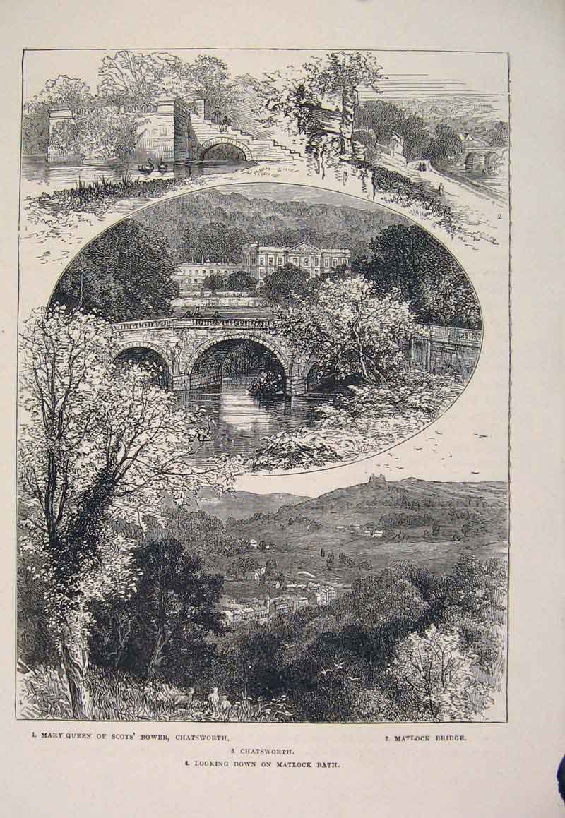 Original Old Antique Print Mary Queen Scots Bower Chatsworth Matlock Bridge