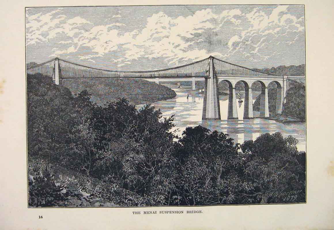 Original Old Antique Print Suspension Bridge Menai Fine Art