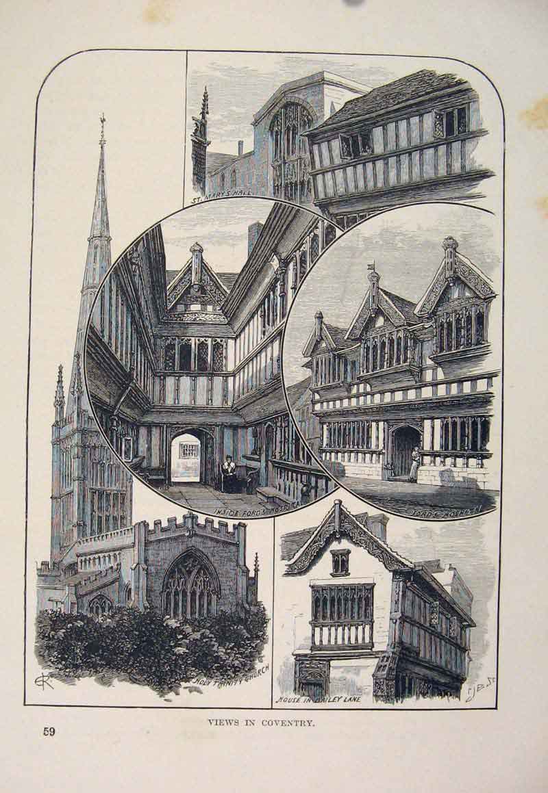 Original Old Antique Print Views Coventry England Fine Art C1878 19th