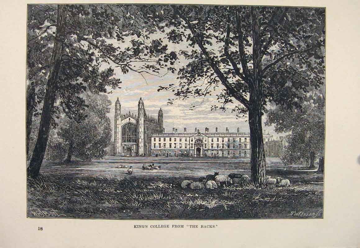 Original Old Antique Print Kings College Backs Fine Art England 1878 Victorian