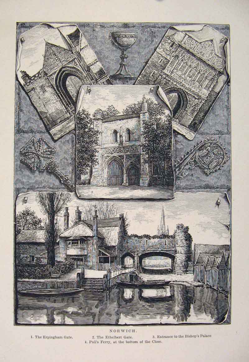 Original Old Antique Print Erpingham Gate Ethelbert Bishops Palace Norwich