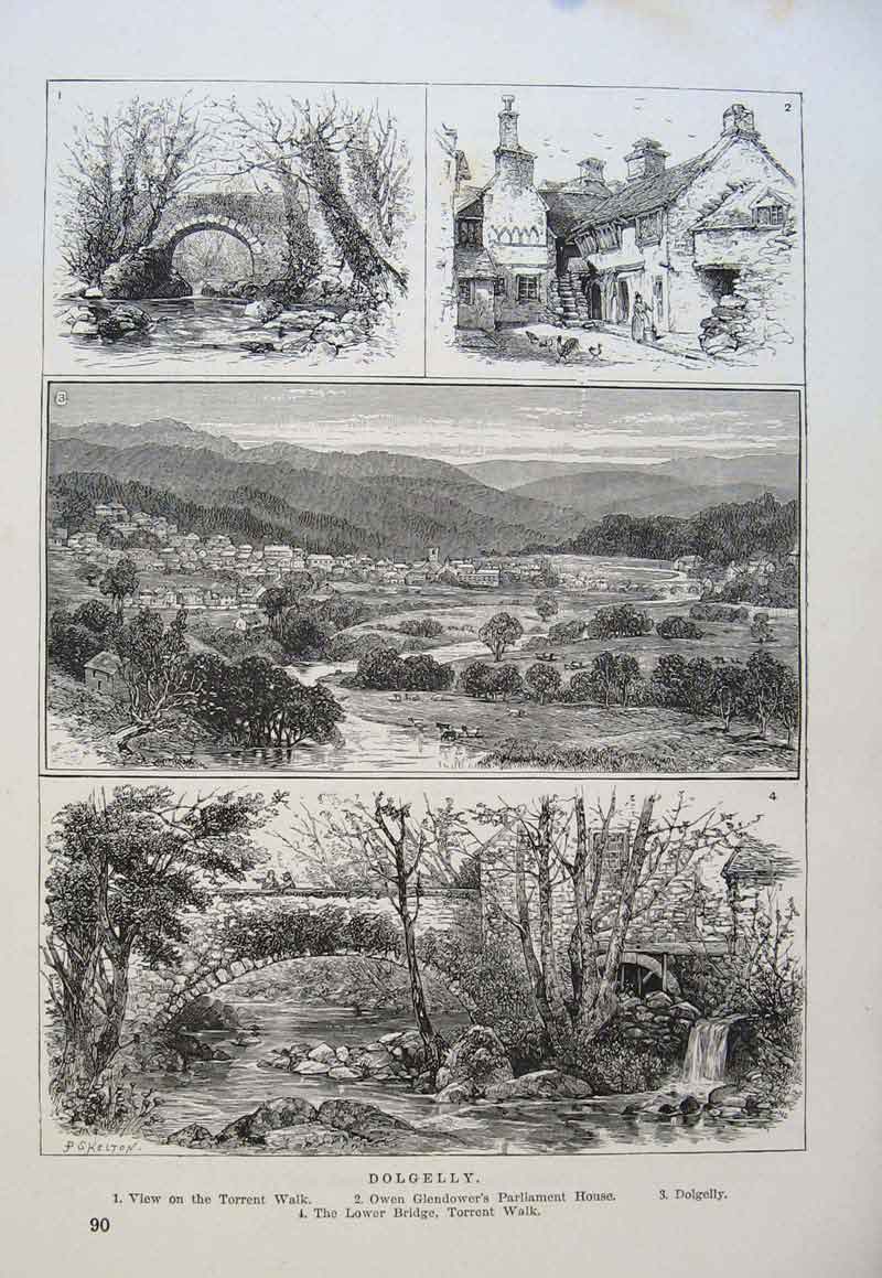 Original Old Antique Print Torrent Walk Parliament House Dolgelly Lower Bridge
