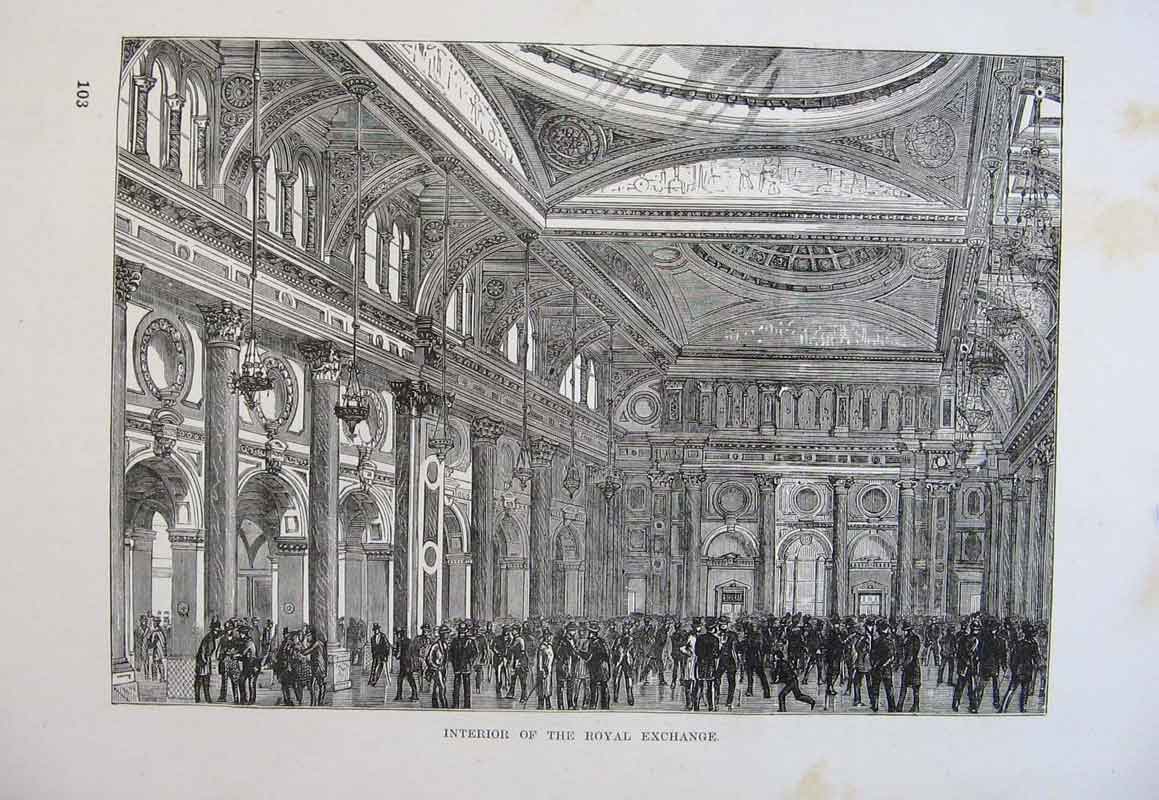 Original Old Antique Print Interior Royal Exchange Fine Art England