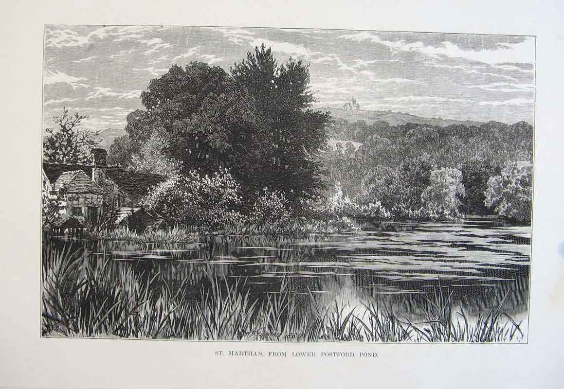 Original Old Antique Print St Martha Lower Postford Pond C1878 19th