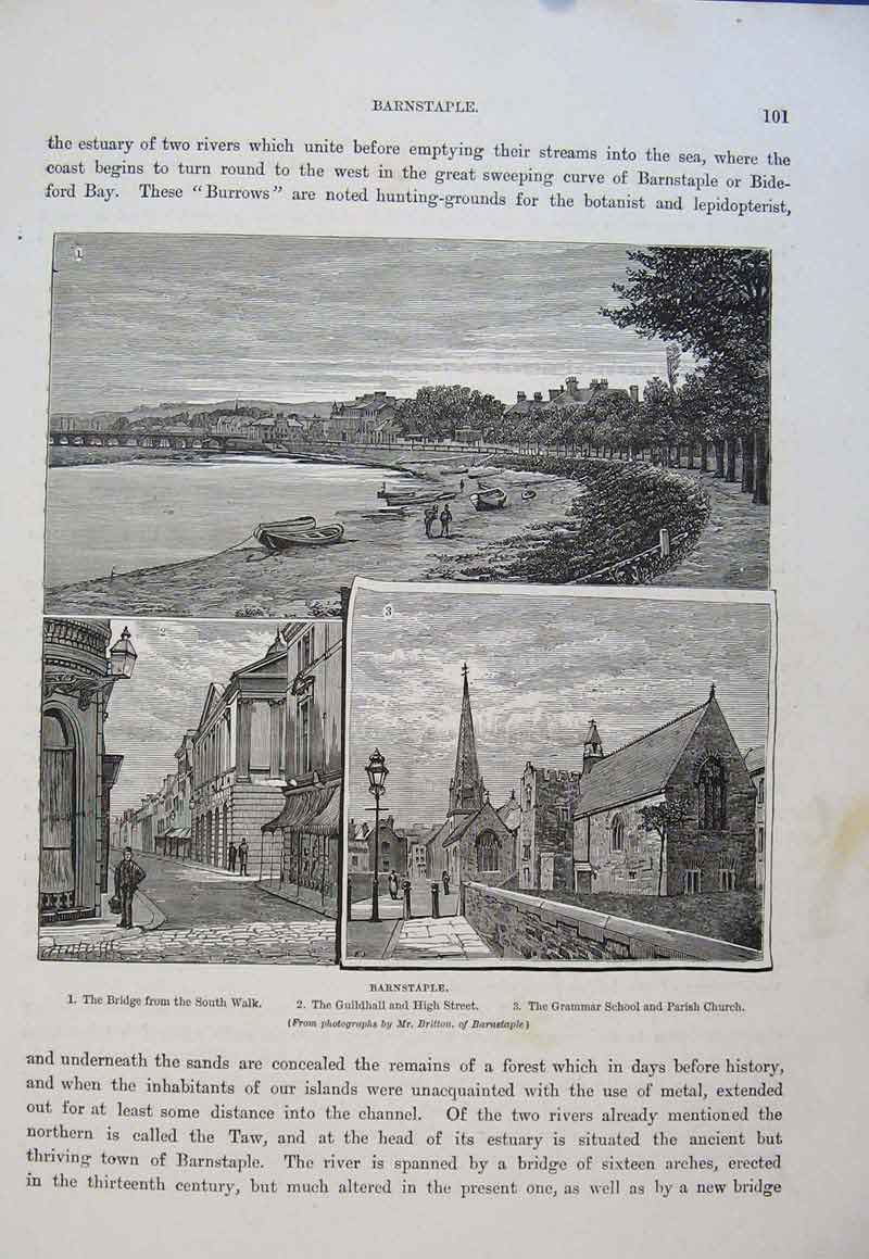 Old Antique Print Barnstaple Bridge South Walk High Street Grammer School