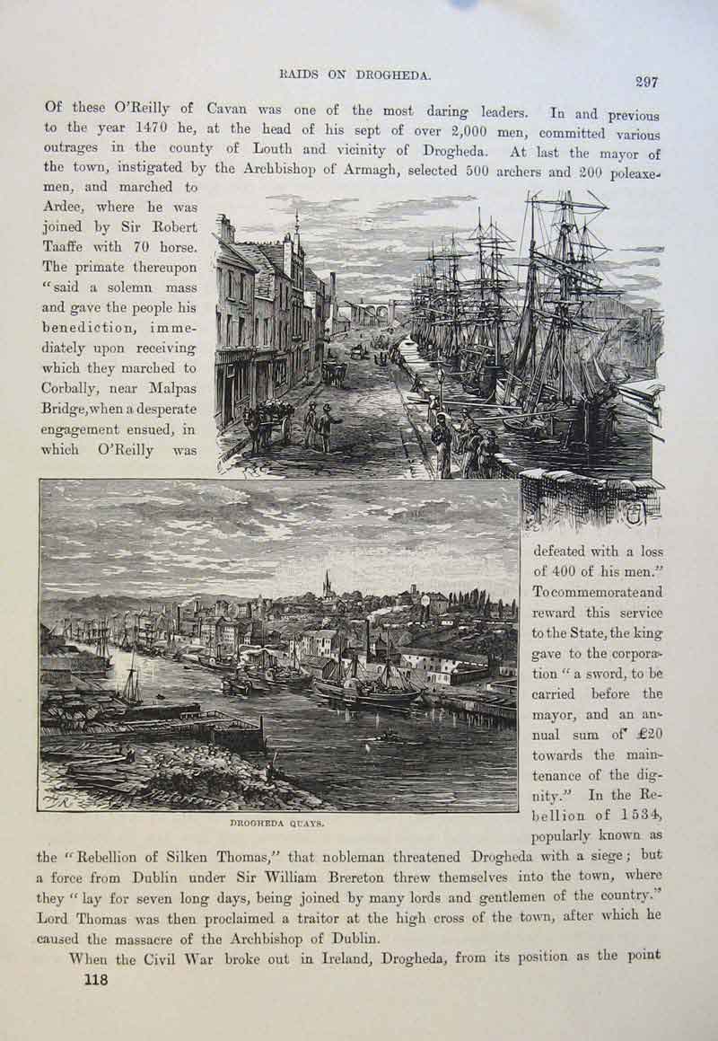Original Old Antique Print Drgheda Quays Fine Art C1878 Docks 19th