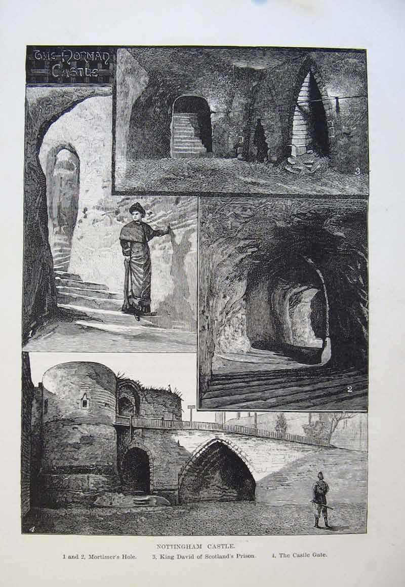 Old Antique Print Nottingham Gate Mortimers Hole Kind David Prison Castle