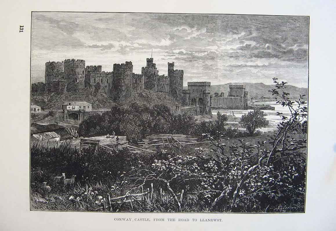 Original Old Antique Print Conway Caastle Road Llanrwst C1878 19th