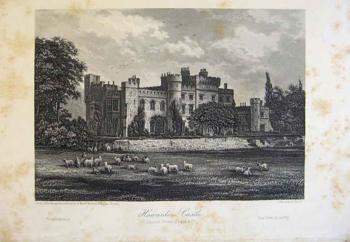 Original Old Antique Print C1878 Hawdarden Castle England Art 19th