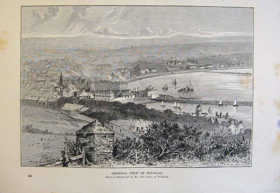 Original Old Antique Print C1878 View Douglas City Town Harbour 19th