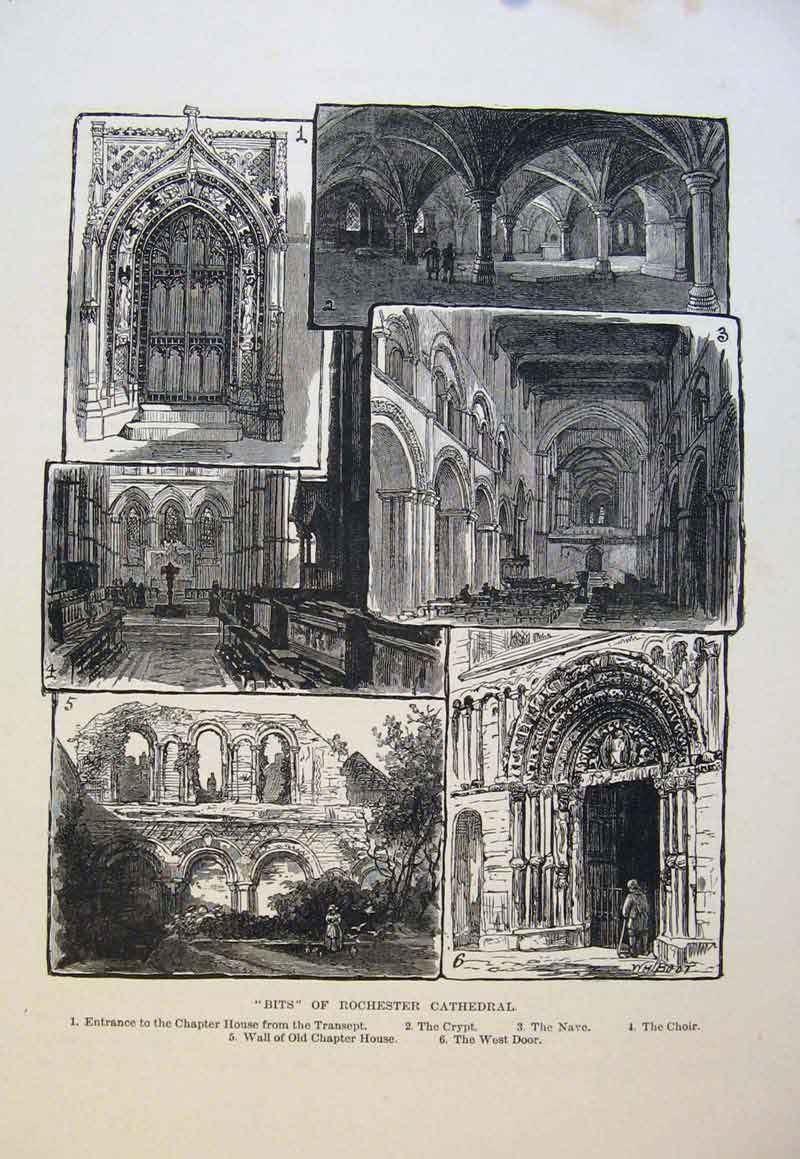 Original Old Antique Print Bits Rochester Cathedral Chapter House Crypt Nave