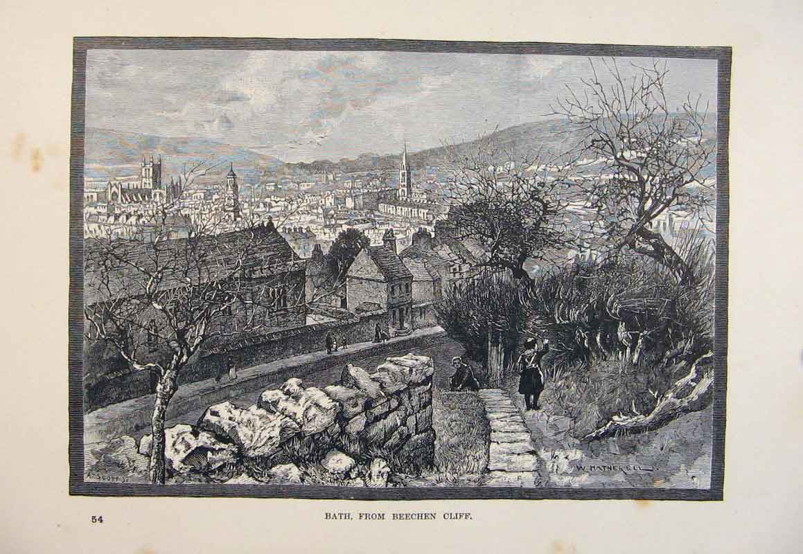 Original Old Antique Print C1878 Fine Art Bath Beechen Cliff Art 19th