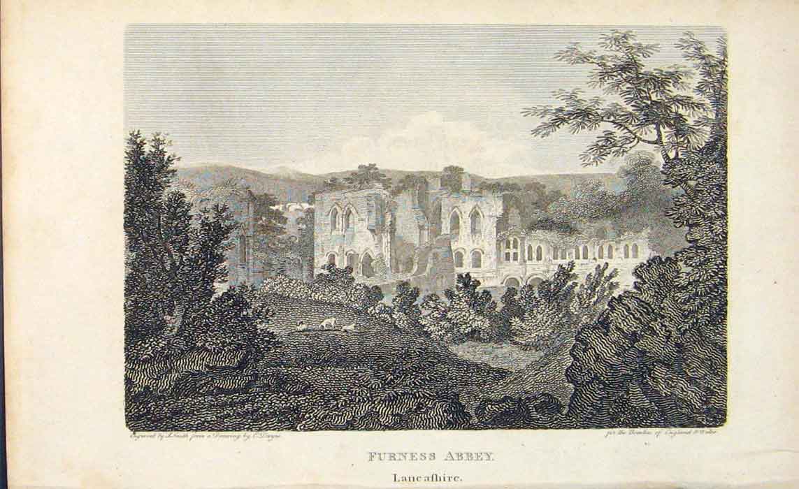 Original Old Antique Print Lancashire England Furness Abbey 1807 Napoleonic Era