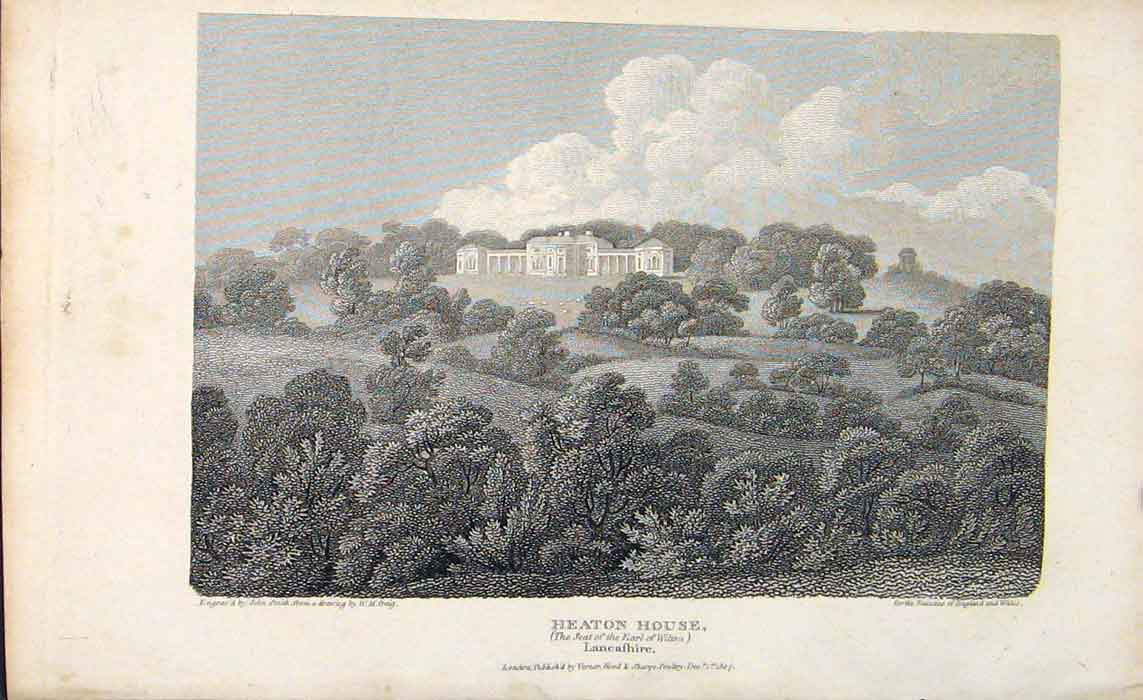 Original Old Antique Print England Heaton House Lancashire C1807 Napoleonic Era