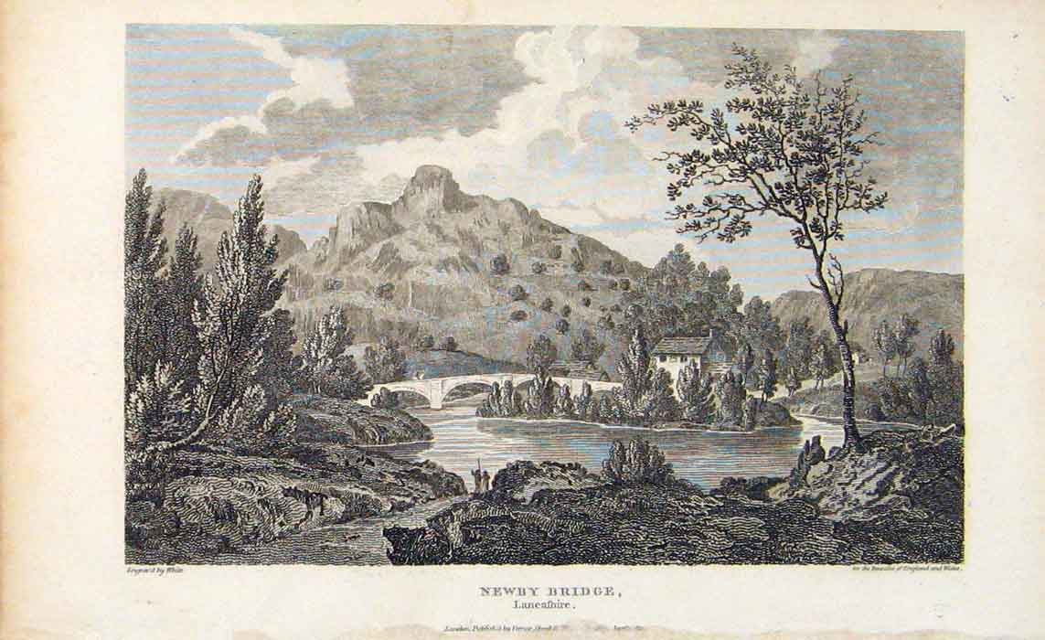 Original Old Antique Print Newby Bridge Lancashire England C1807 Art 19th