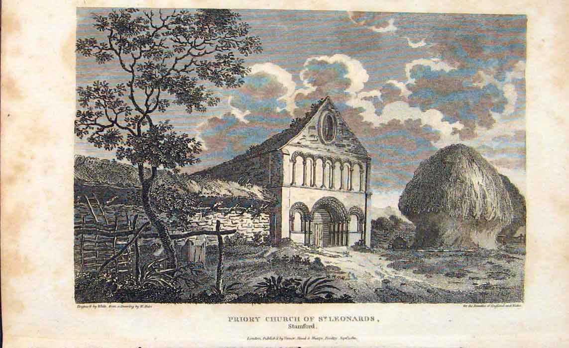 Original Old Antique Print C1807 Priory Church St Leonards Stamford 19th Century