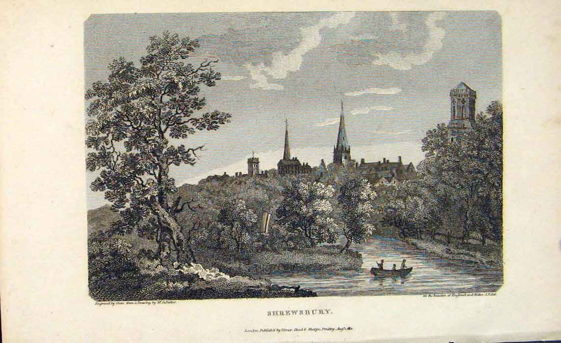 Original Old Antique Print Shrewsbury River Severn England C1807 Napoleonic Era
