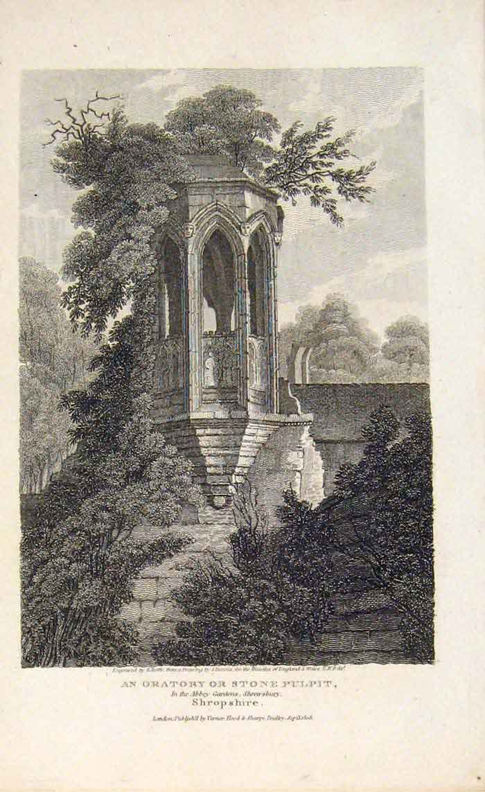 Original Old Antique Print Oratory Stone Pulpit Shropshire Abbey Gardens