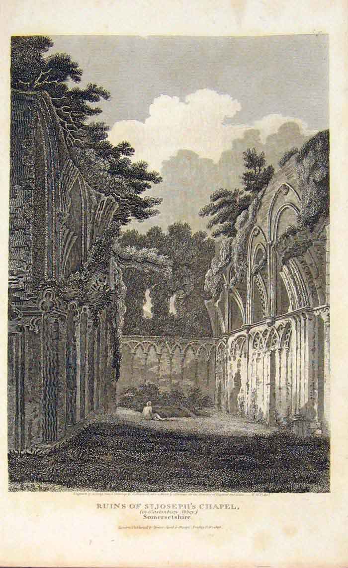 Original Old Antique Print Wales England Somerset Ruins St Joseph Chapel
