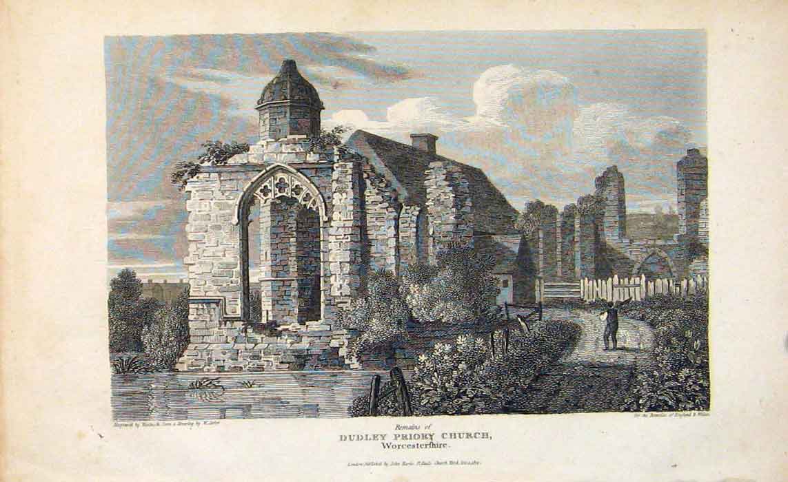 Original Old Antique Print England Worcester Dudle Priory Church