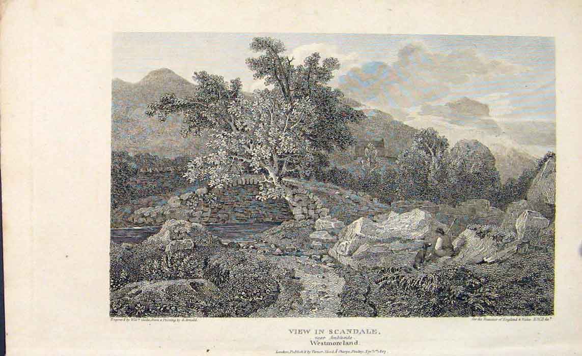 Original Old Antique Print Scandale Ambleside Westmoreland England 20th Century
