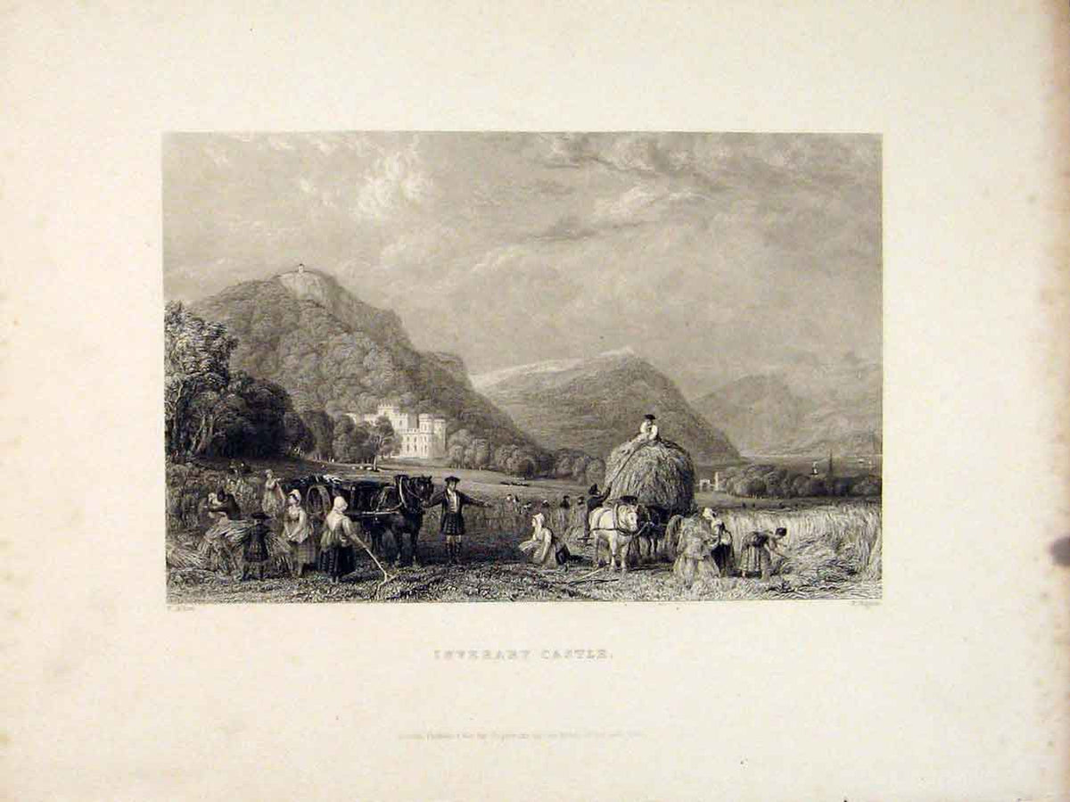 Original Old Antique Print Scotland Inverary Castle Farming Hay Bail