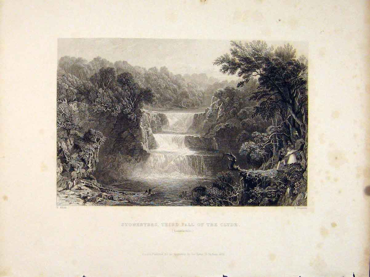 Original Old Antique Print Lanarkshire Scotland Stoneyres Fall Clyde