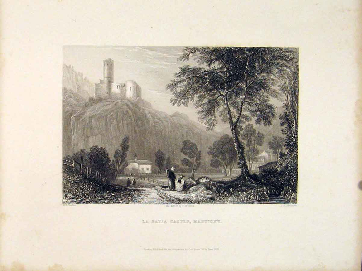 Original Old Antique Print La Batia Caslte Martigny Switzerland