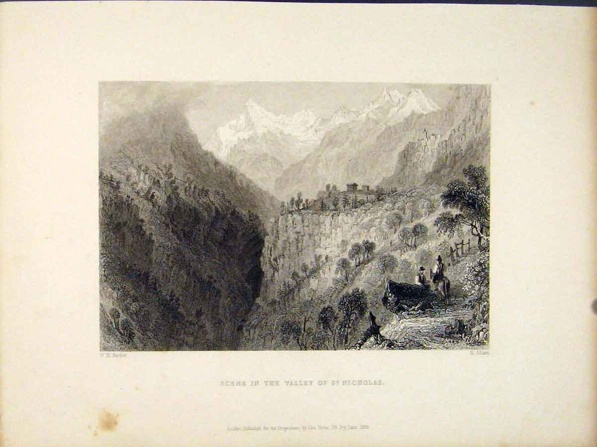 Original Old Antique Print Switzerland Scene Valley St Nicolas 20th Century