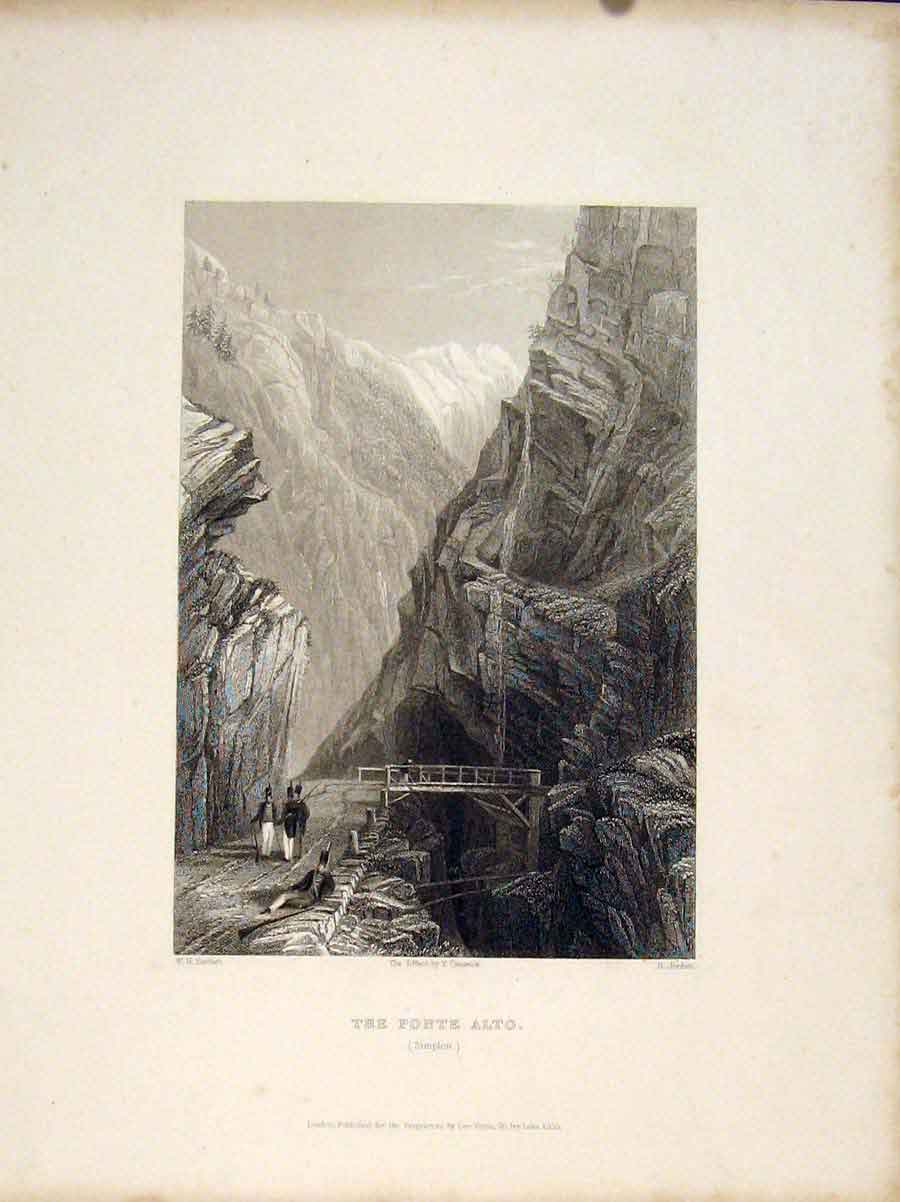 Original Old Antique Print Ponte Alto Simplon Mountain Bridge Switzerland