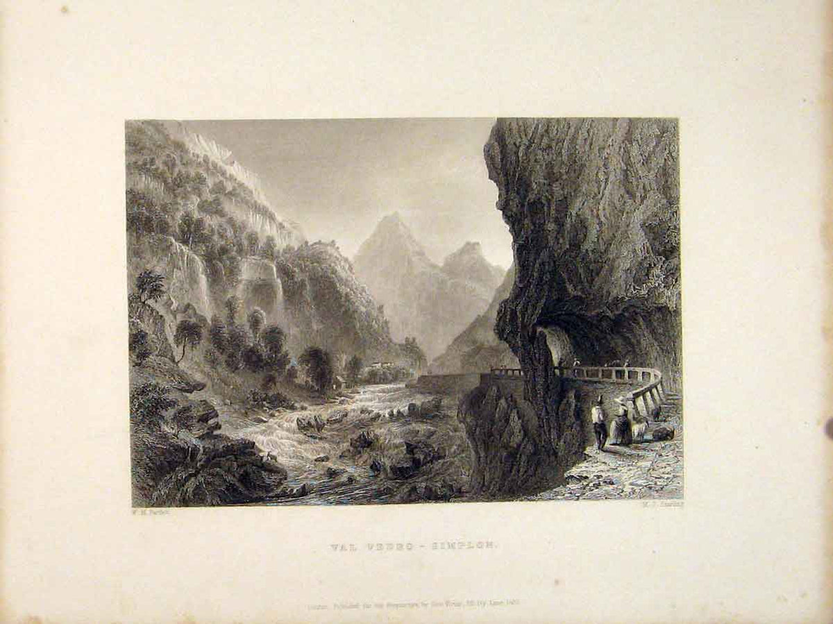 Original Old Antique Print Val Vedro Simplon Switzerland Moutain River